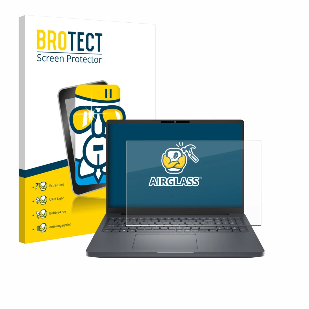 Parte frontal de un envase de producto con el logotipo de la marca BROTECT. Al lado se muestra el dispositivo Dell Pro Max 16 