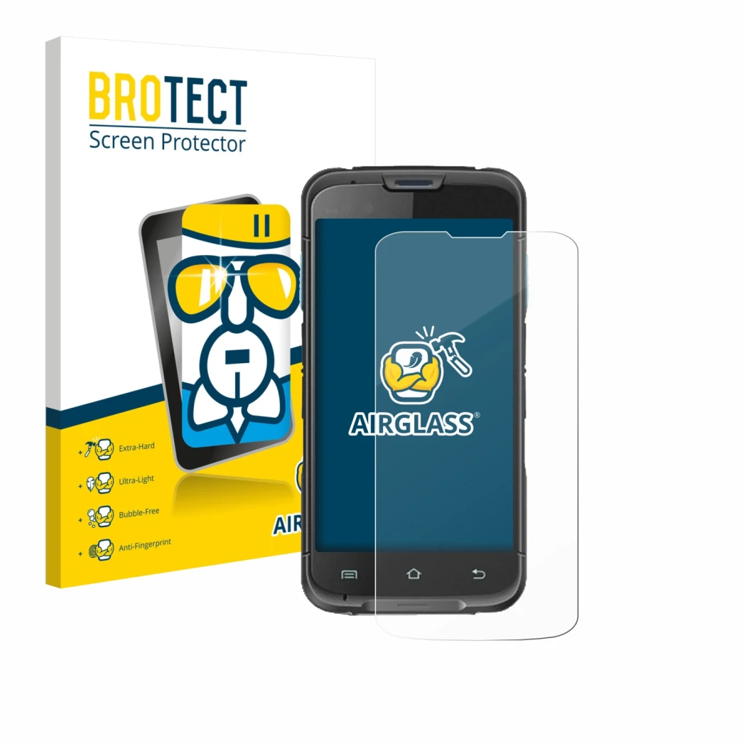 Parte frontal de un envase de producto con el logotipo de la marca BROTECT. Al lado se muestra el dispositivo Unitech EA602 co