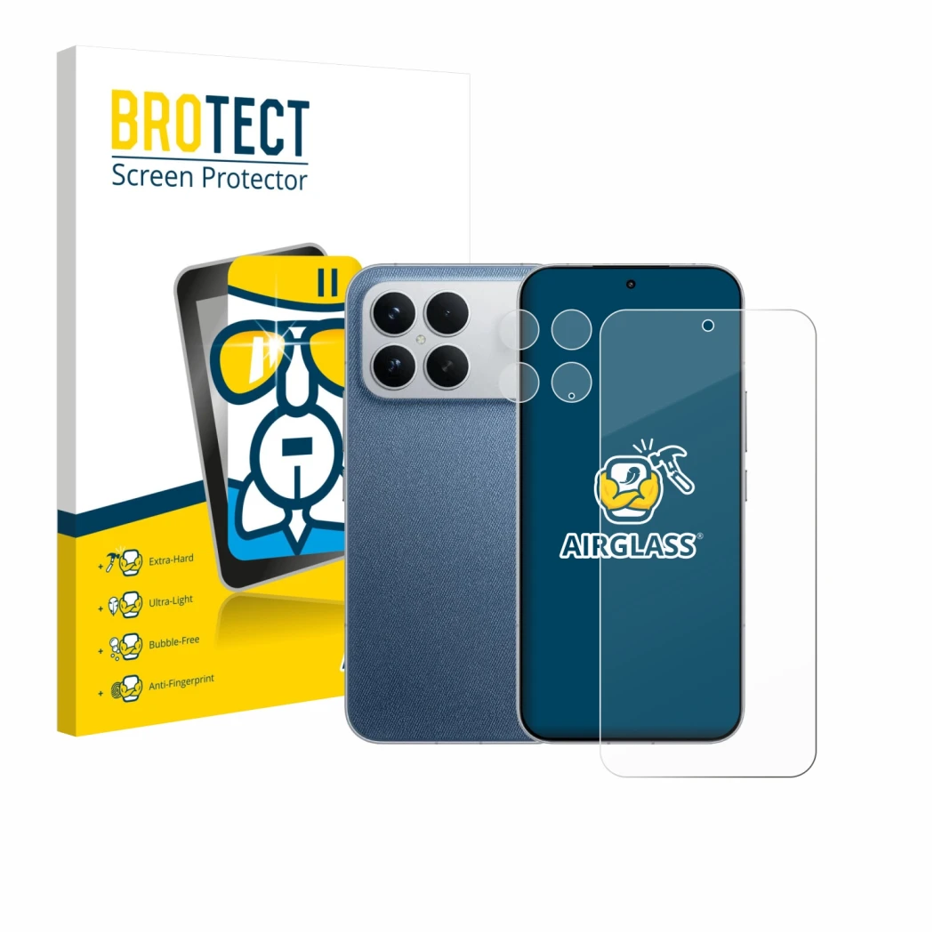 Parte frontal de un envase de producto con el logotipo de la marca BROTECT. Al lado se muestra el dispositivo Xiaomi Poco F8 U