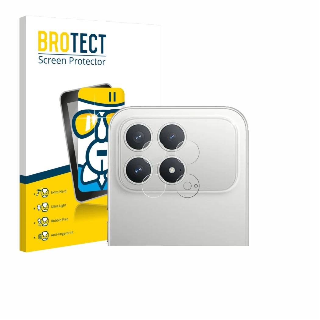 Parte frontal de un envase de producto con el logotipo de la marca BROTECT. Al lado se muestra el dispositivo Xiaomi Poco F8 P