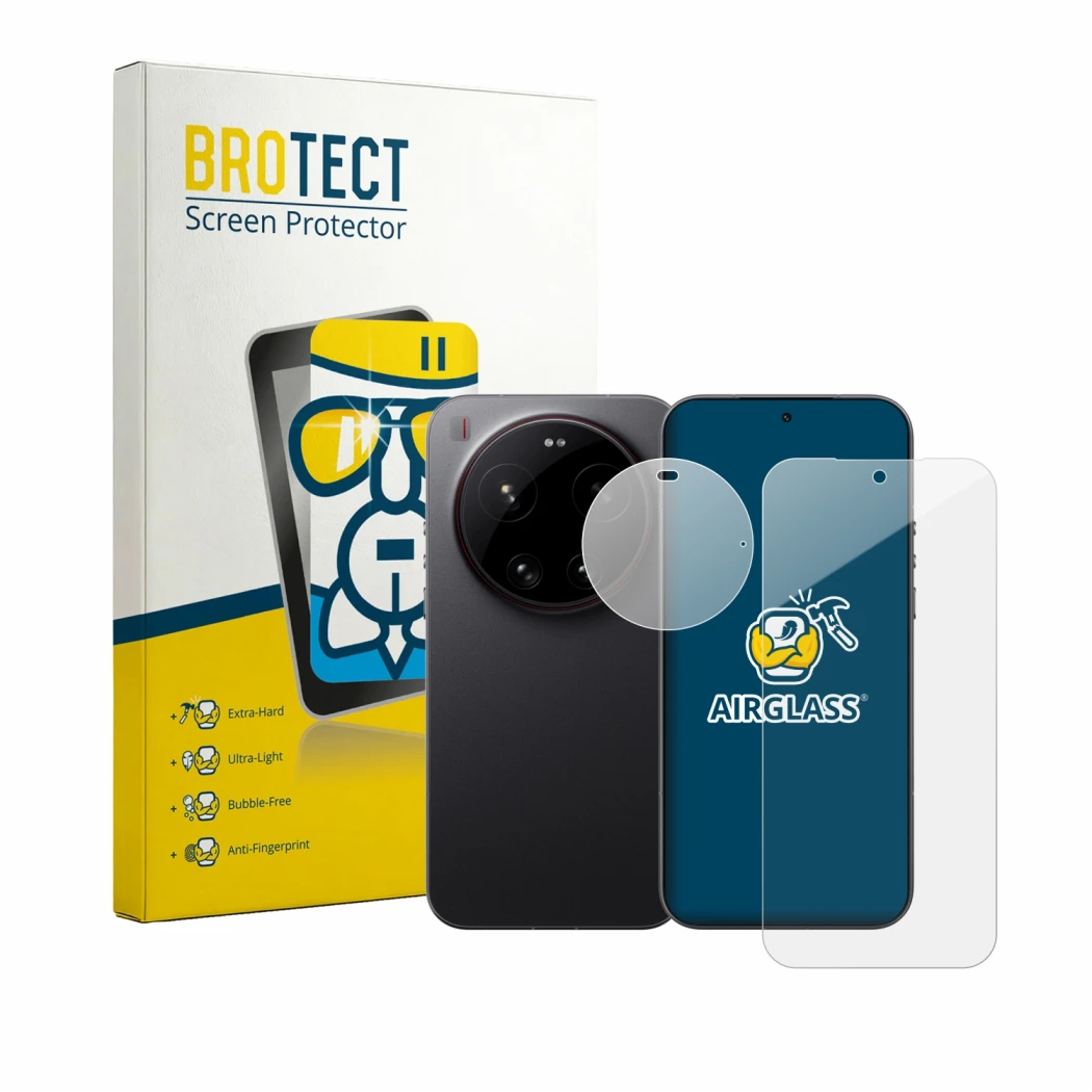 Parte frontal de un envase de producto con el logotipo de la marca BROTECT. Al lado se muestra el dispositivo Xiaomi 17 Ultra