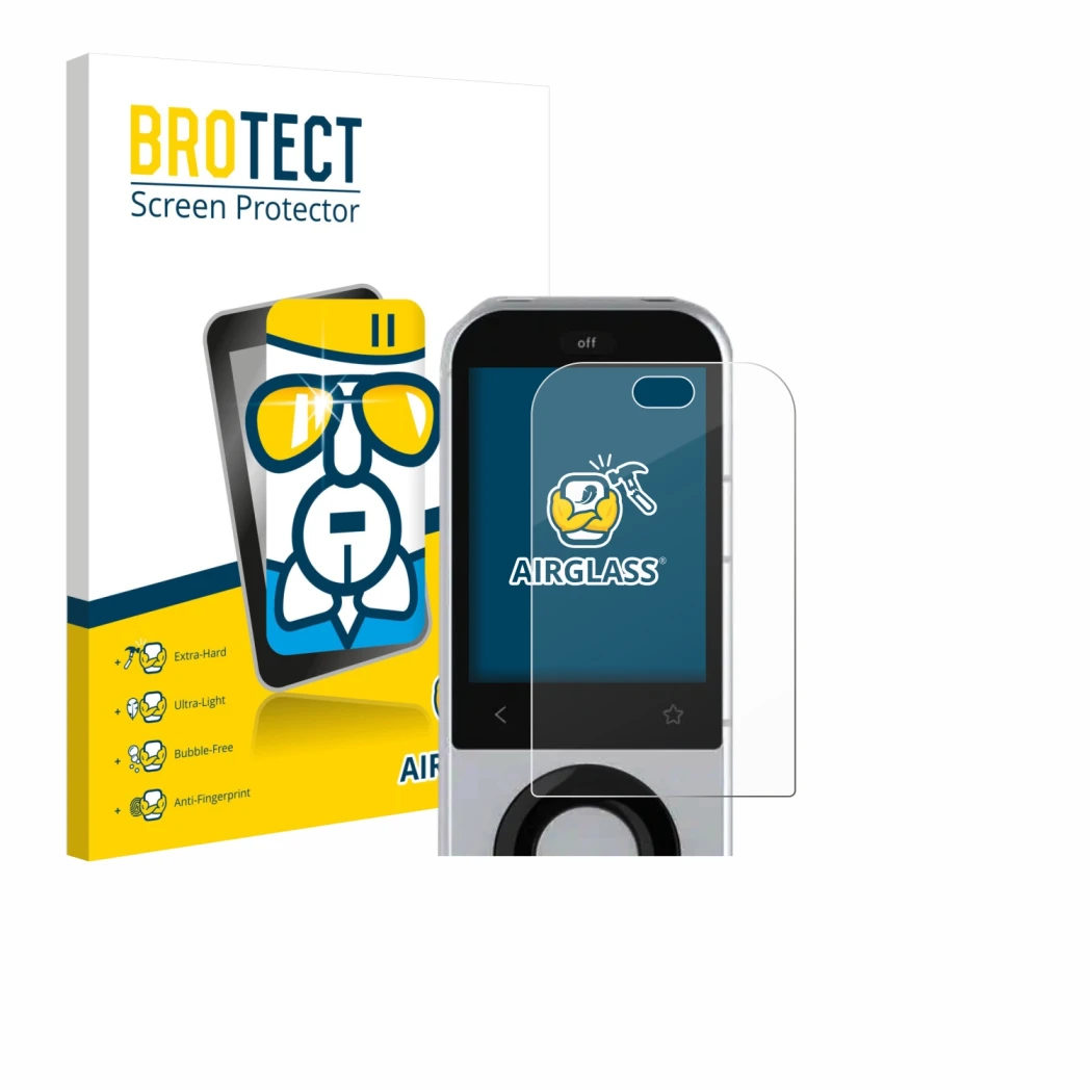 Parte frontal de un envase de producto con el logotipo de la marca BROTECT. Al lado se muestra el dispositivo Sofabaton X2 con