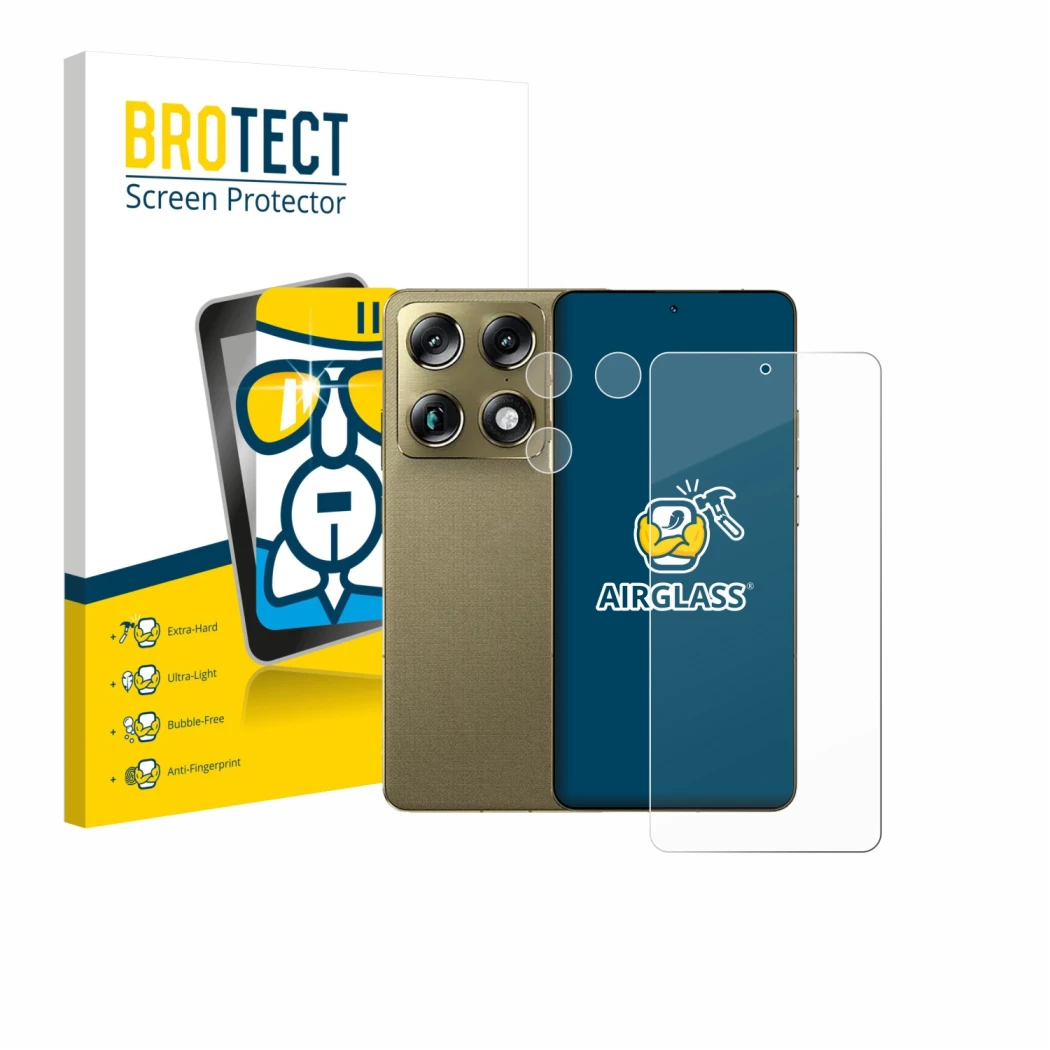 Parte frontal de un envase de producto con el logotipo de la marca BROTECT. Al lado se muestra el dispositivo Motorola Signatu