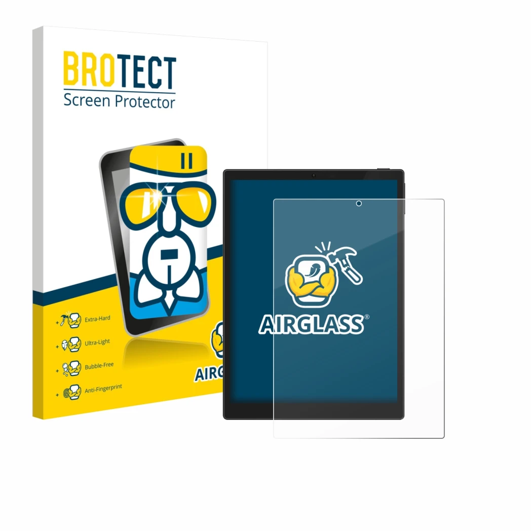 Parte frontal de un envase de producto con el logotipo de la marca BROTECT. Al lado se muestra el dispositivo Hannspree Lumo 7