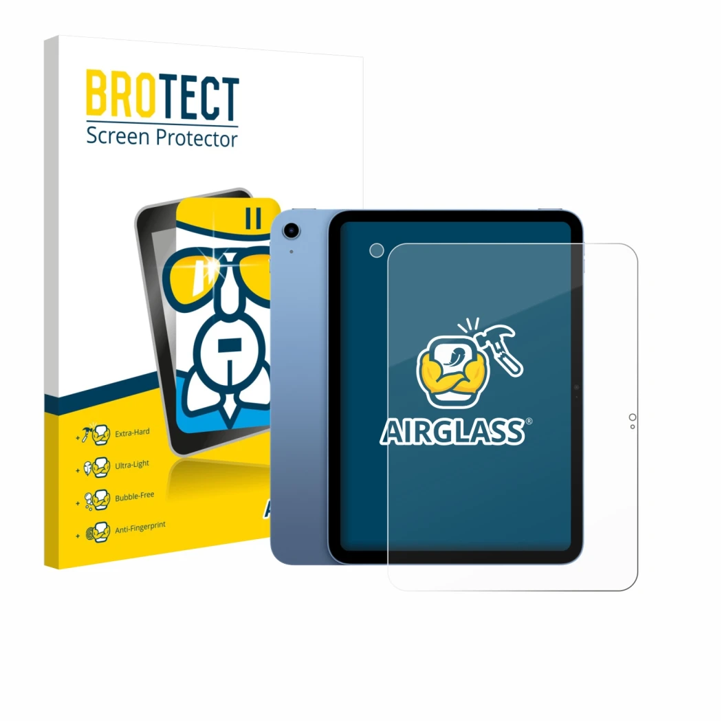 Parte frontal de un envase de producto con el logotipo de la marca BROTECT. Al lado se muestra el dispositivo Apple iPad 10.9