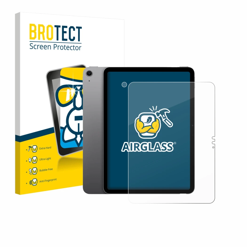 Parte frontal de un envase de producto con el logotipo de la marca BROTECT. Al lado se muestra el dispositivo Apple iPad Air 1