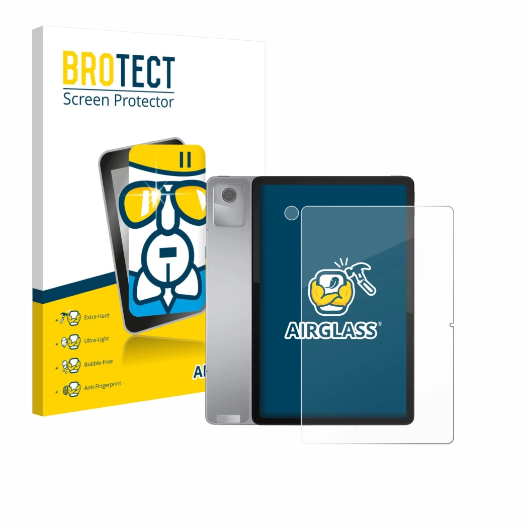 Parte frontal de un envase de producto con el logotipo de la marca BROTECT. Al lado se muestra el dispositivo Lenovo Tab M11 (