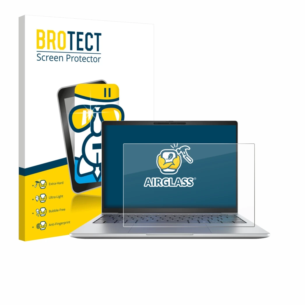 Parte frontal de un envase de producto con el logotipo de la marca BROTECT. Al lado se muestra el dispositivo HP EliteBook 8 G