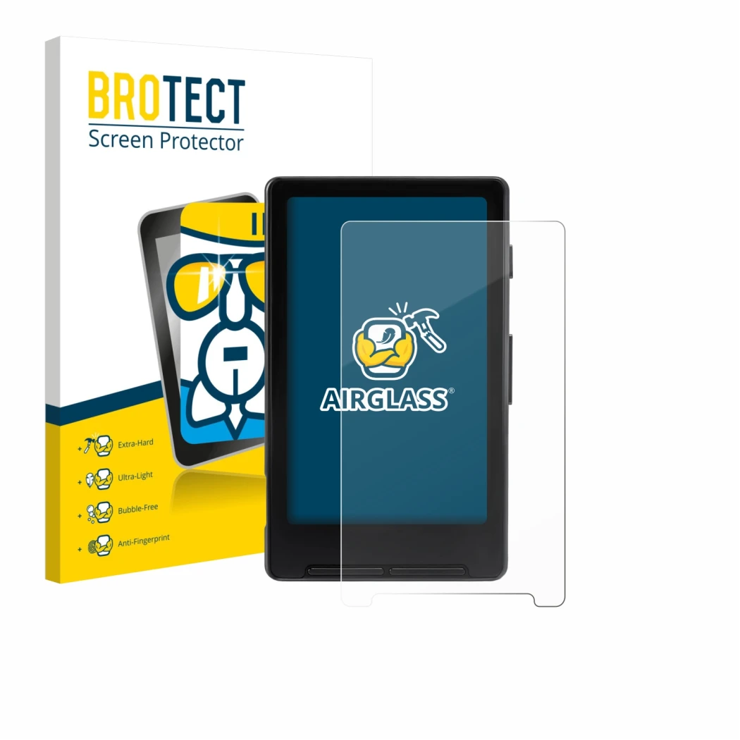 Parte frontal de un envase de producto con el logotipo de la marca BROTECT. Al lado se muestra el dispositivo Xteink X4 con su