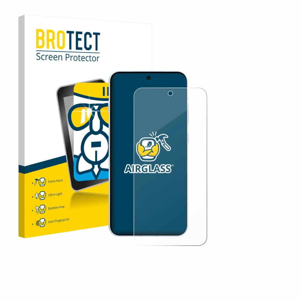 Parte frontal de un envase de producto con el logotipo de la marca BROTECT. Al lado se muestra el dispositivo Oppo Find X8s co