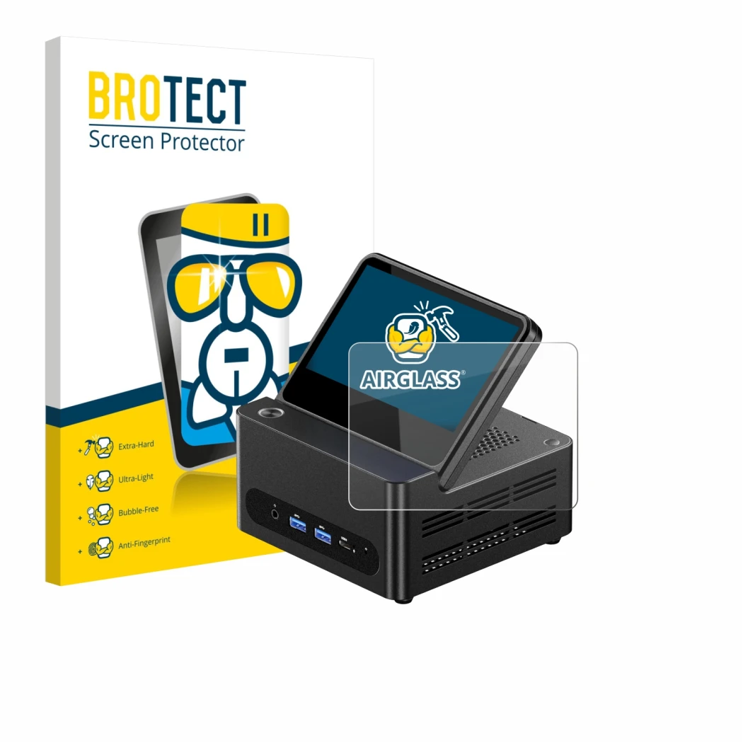 Parte frontal de un envase de producto con el logotipo de la marca BROTECT. Al lado se muestra el dispositivo AOOSTAR ‎G-FLIP 