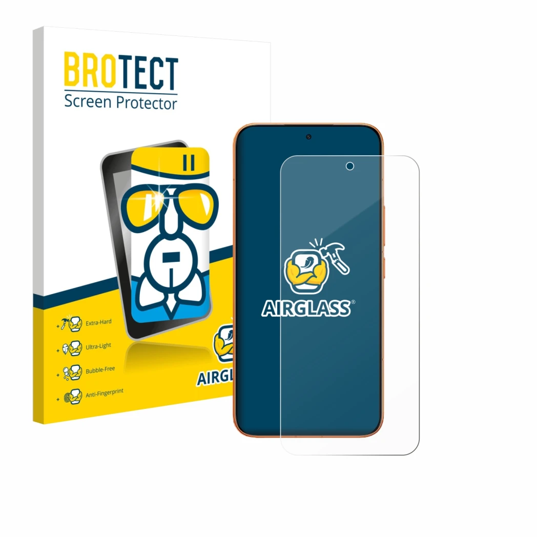 Parte frontal de un envase de producto con el logotipo de la marca BROTECT. Al lado se muestra el dispositivo Xiaomi Redmi Tur