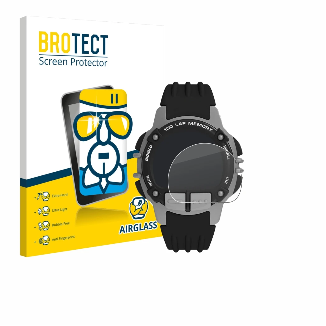 Parte frontal de un envase de producto con el logotipo de la marca BROTECT. Al lado se muestra el dispositivo Timex Ironman TW