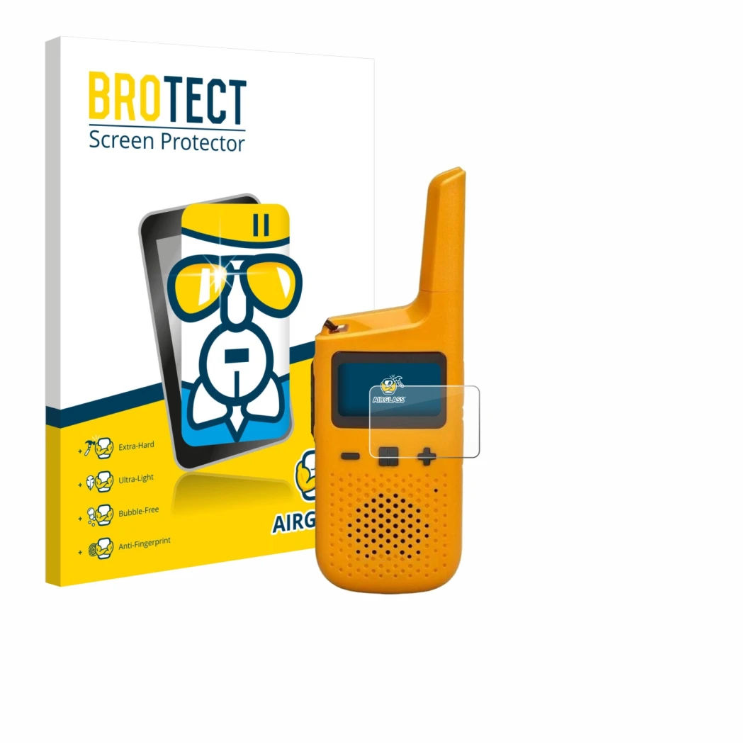 Parte frontal de un envase de producto con el logotipo de la marca BROTECT. Al lado se muestra el dispositivo Motorola Talkabo