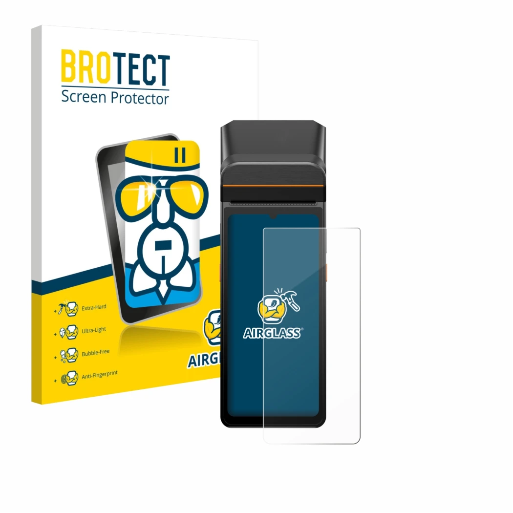 Parte frontal de un envase de producto con el logotipo de la marca BROTECT. Al lado se muestra el dispositivo Sunmi V3 A13 con