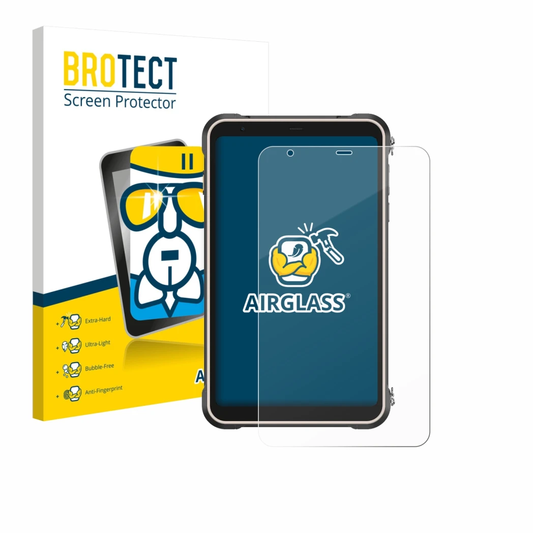 Parte frontal de un envase de producto con el logotipo de la marca BROTECT. Al lado se muestra el dispositivo Ulefone RugKing 