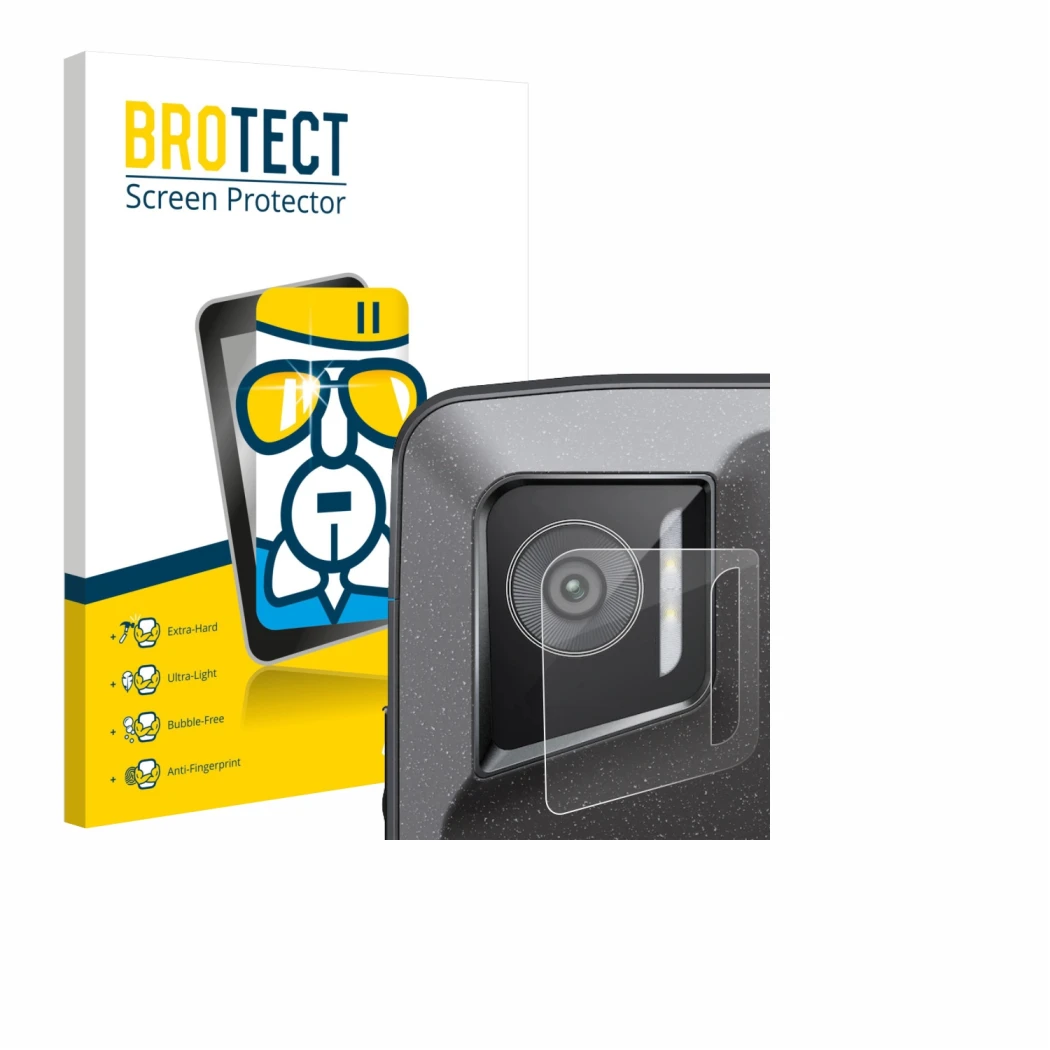 Parte frontal de un envase de producto con el logotipo de la marca BROTECT. Al lado se muestra el dispositivo Crosscall Stella