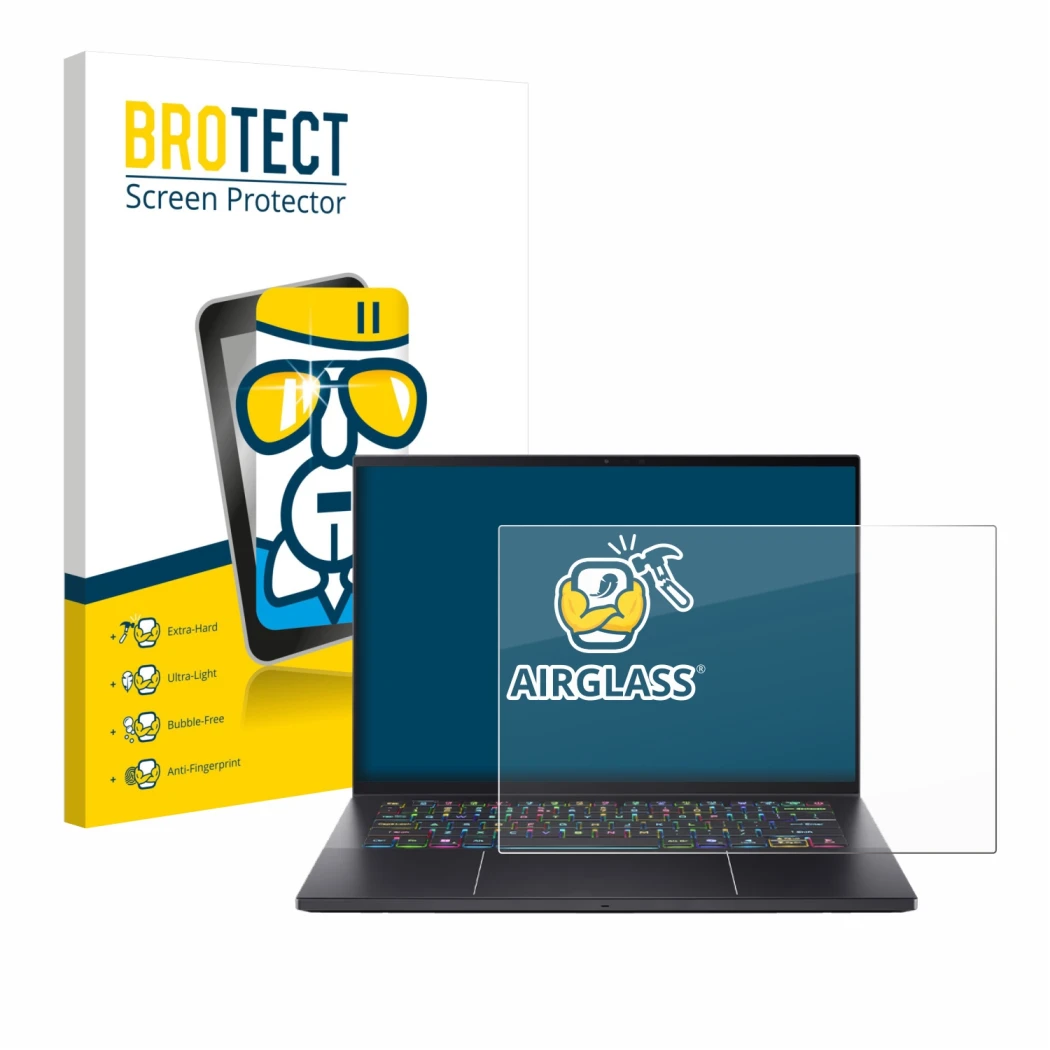 Parte frontal de un envase de producto con el logotipo de la marca BROTECT. Al lado se muestra el dispositivo Acer Predator Tr