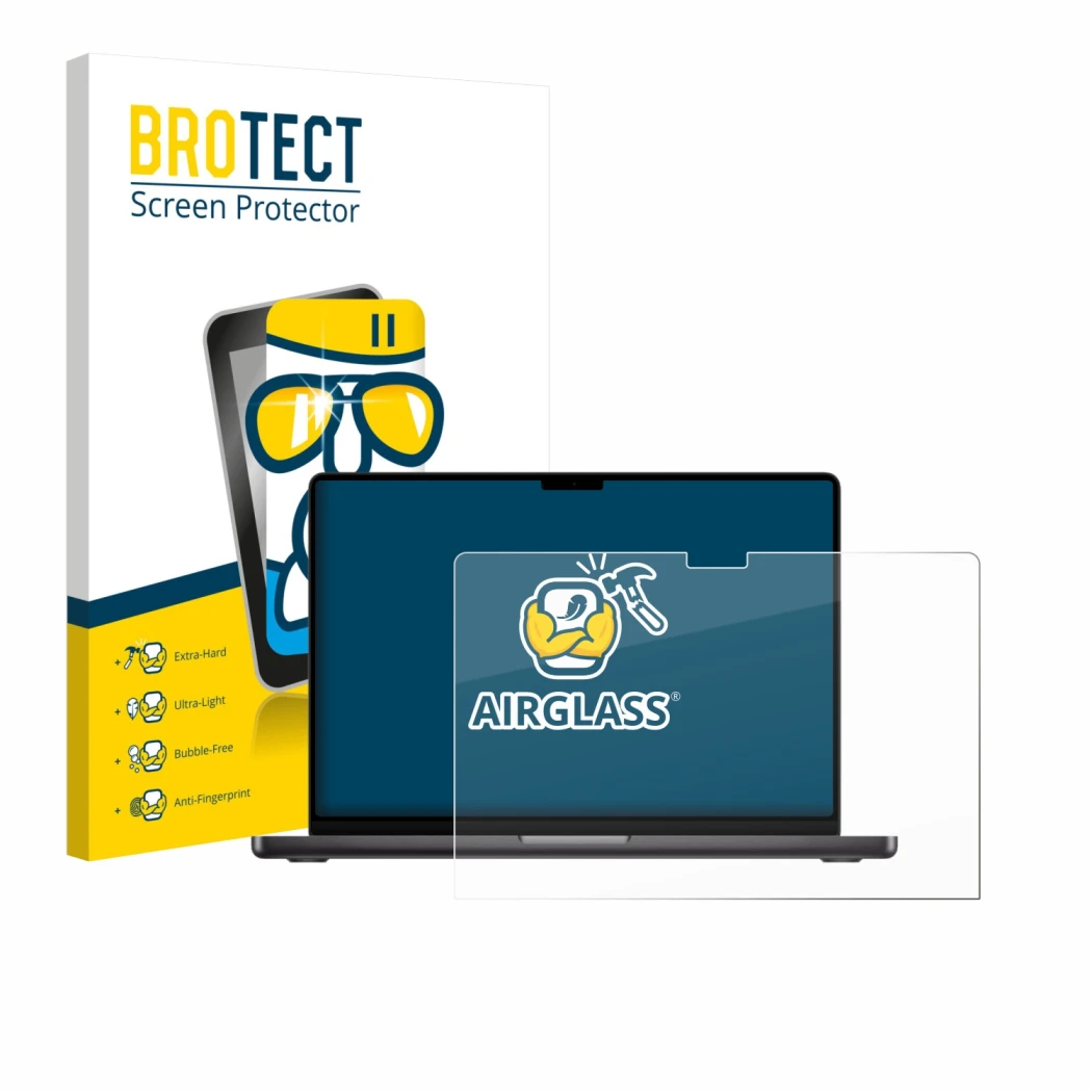 Parte frontal de un envase de producto con el logotipo de la marca BROTECT. Al lado se muestra el dispositivo Apple MacBook Pr