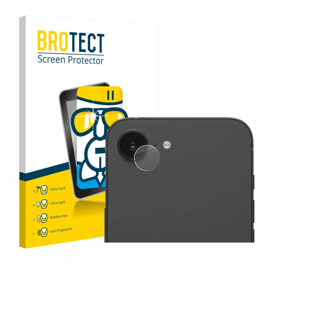 Parte frontal de un envase de producto con el logotipo de la marca BROTECT. Al lado se muestra el dispositivo Apple iPhone 17e