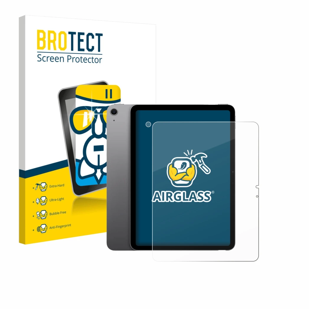 Parte frontal de un envase de producto con el logotipo de la marca BROTECT. Al lado se muestra el dispositivo Apple iPad Air 1