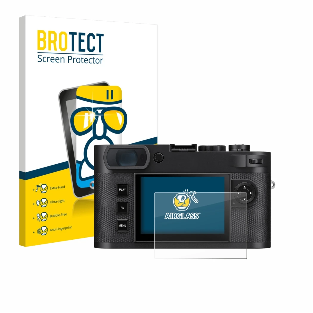 Parte frontal de un envase de producto con el logotipo de la marca BROTECT. Al lado se muestra el dispositivo Leica M EV1 con 