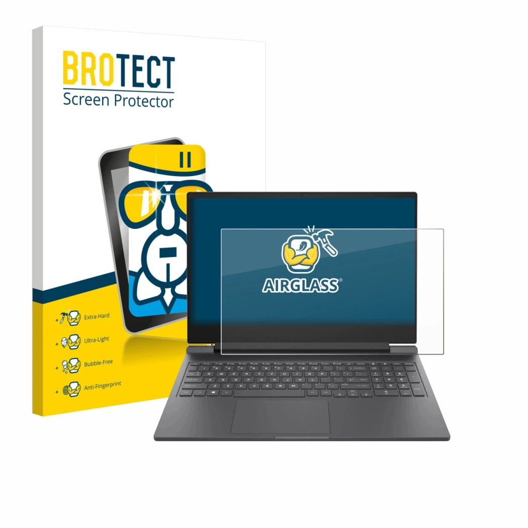 Parte frontal de un envase de producto con el logotipo de la marca BROTECT. Al lado se muestra el dispositivo HP Victus 16-r00