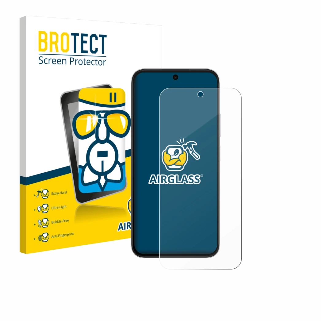 Parte frontal de un envase de producto con el logotipo de la marca BROTECT. Al lado se muestra el dispositivo Oppo A6s 5G con 