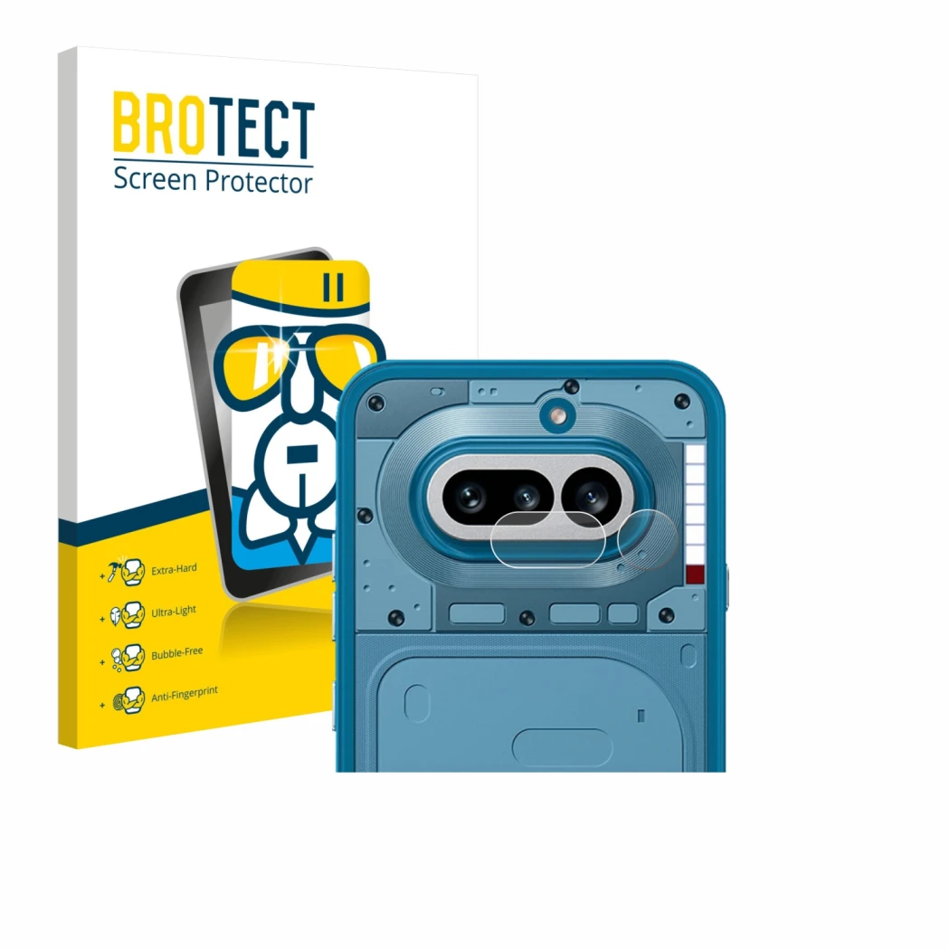 Parte frontal de un envase de producto con el logotipo de la marca BROTECT. Al lado se muestra el dispositivo Nothing Phone (4