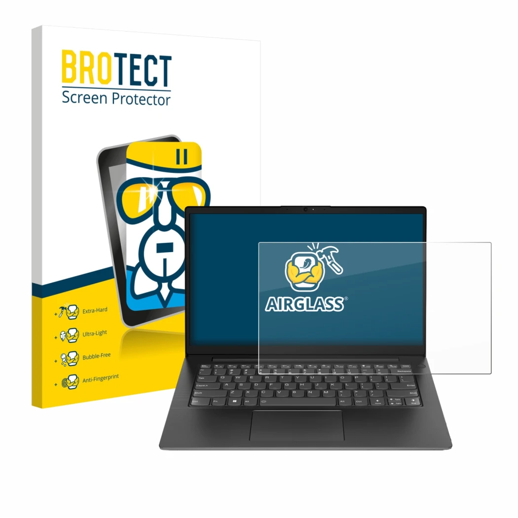 Parte frontal de un envase de producto con el logotipo de la marca BROTECT. Al lado se muestra el dispositivo Lenovo V14 Gen 5