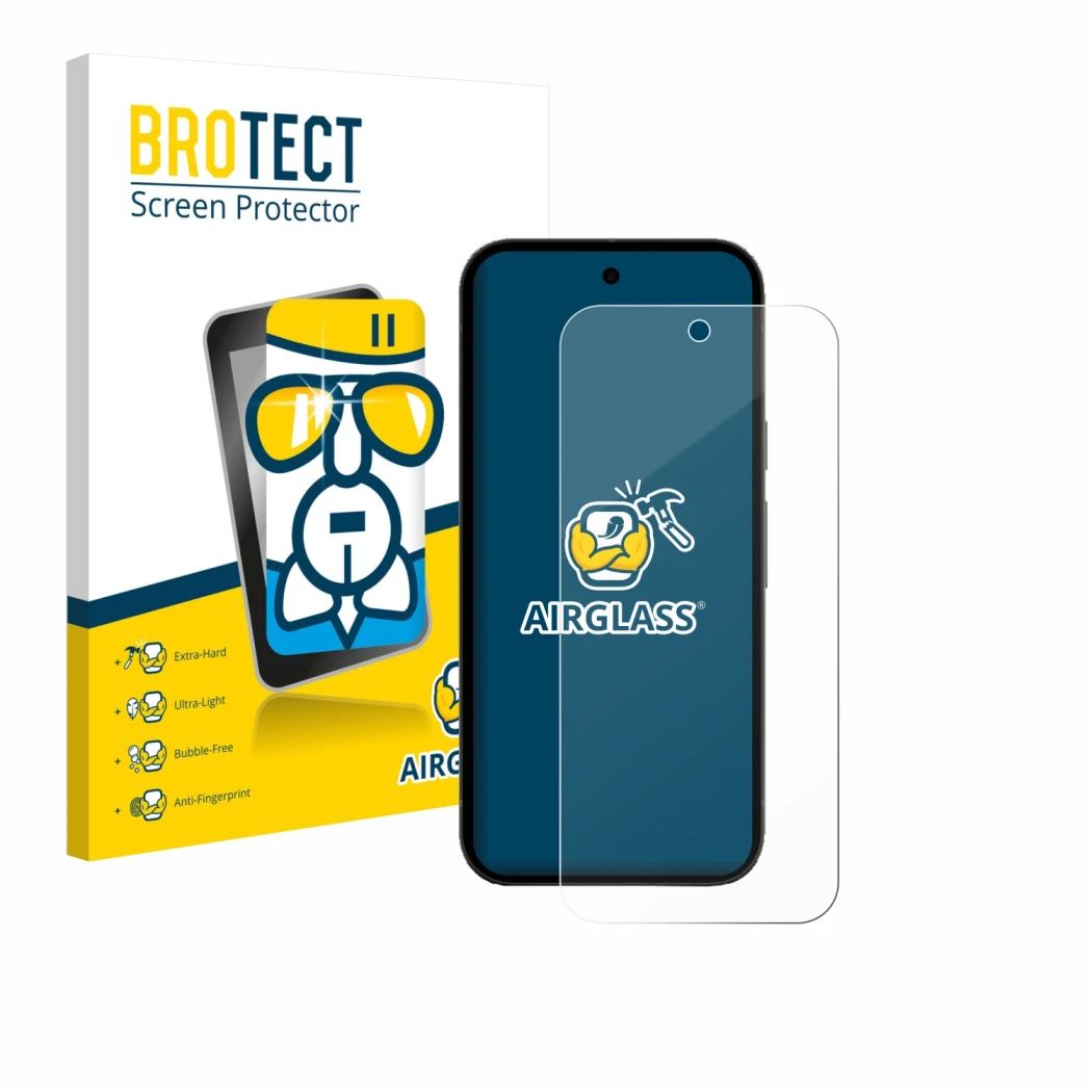 Parte frontal de un envase de producto con el logotipo de la marca BROTECT. Al lado se muestra el dispositivo Google Pixel 10a