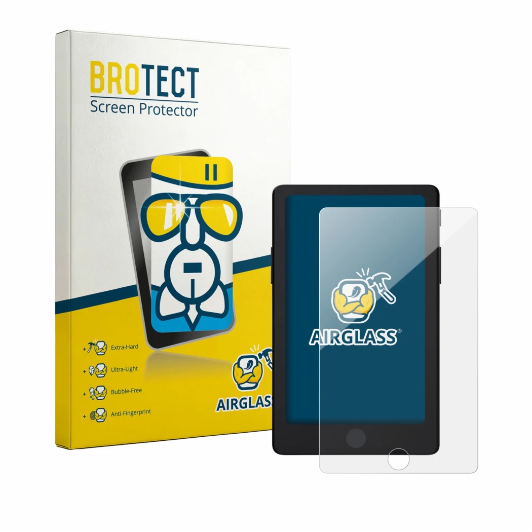 Parte frontal de un envase de producto con el logotipo de la marca BROTECT. Al lado se muestra el dispositivo Xteink X4 Pro co