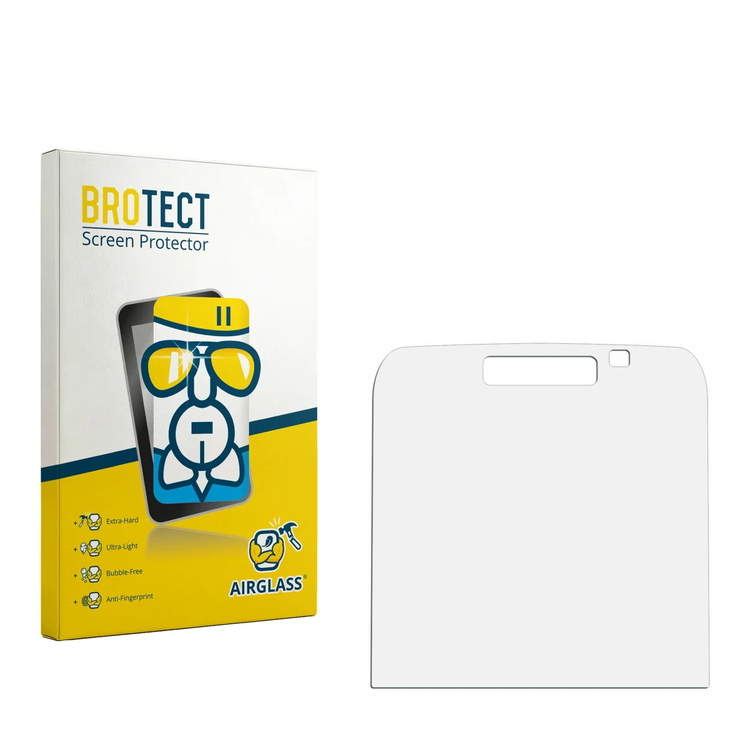 Parte frontal de un envase de producto con el logotipo de la marca BROTECT. Al lado está el protector de pantalla correspondie