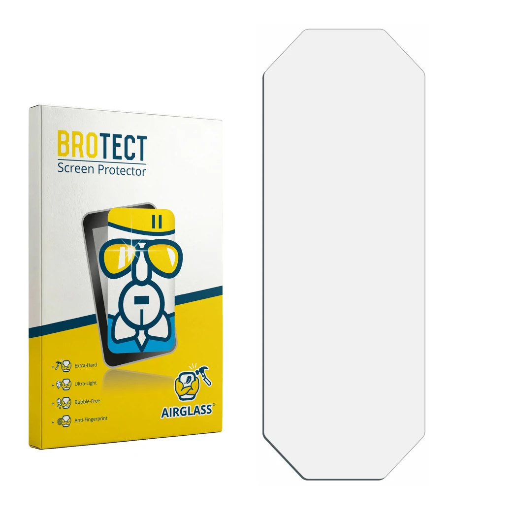 Parte frontal de un envase de producto con el logotipo de la marca BROTECT. Al lado está el protector de pantalla correspondie