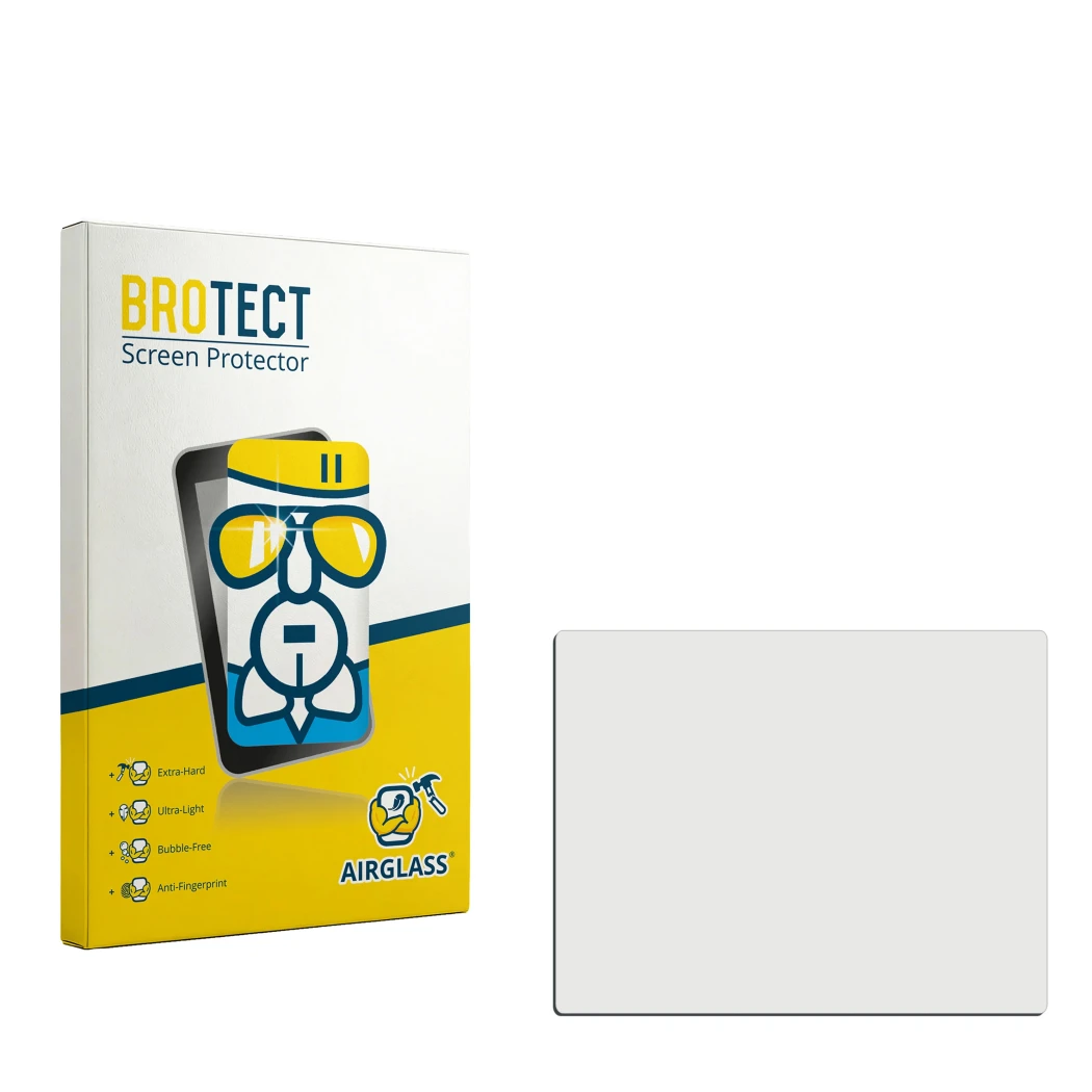 Parte frontal de un envase de producto con el logotipo de la marca BROTECT. Al lado está el protector de pantalla correspondie