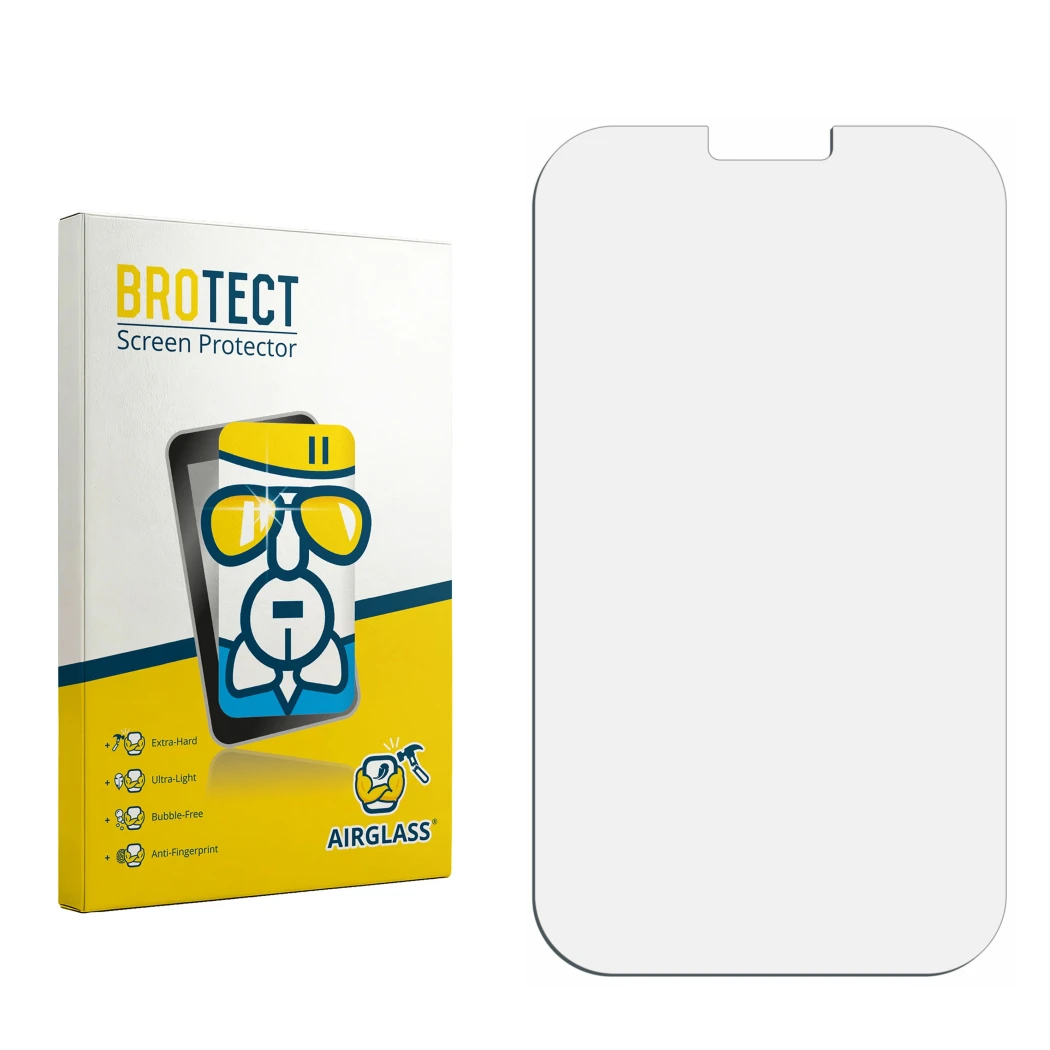 Parte frontal de un envase de producto con el logotipo de la marca BROTECT. Al lado está el protector de pantalla correspondie