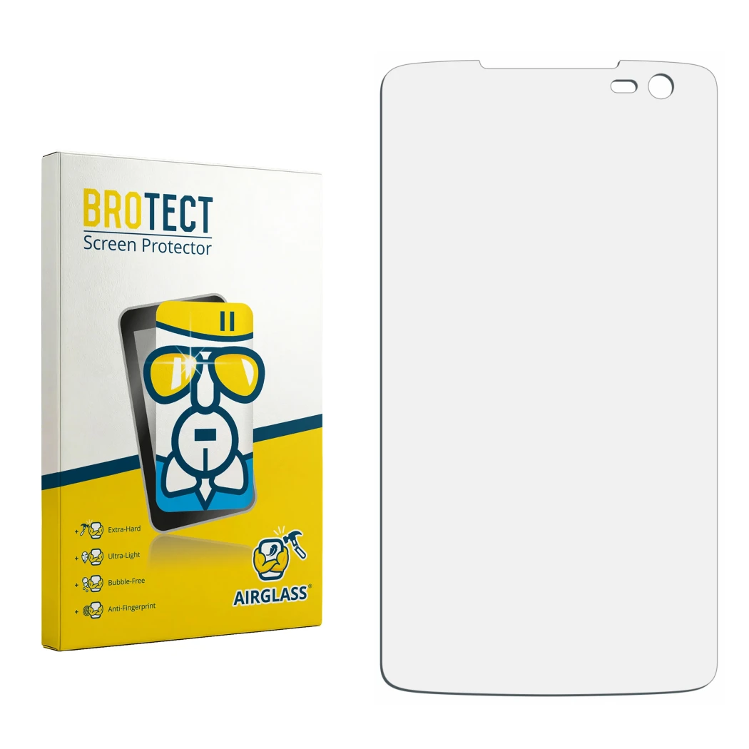 Parte frontal de un envase de producto con el logotipo de la marca BROTECT. Al lado está el protector de pantalla correspondie