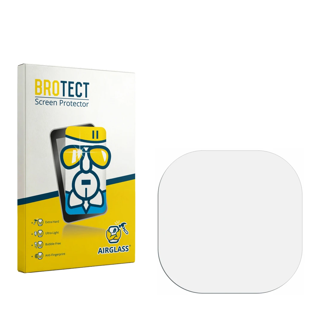 Parte frontal de un envase de producto con el logotipo de la marca BROTECT. Al lado está el protector de pantalla correspondie