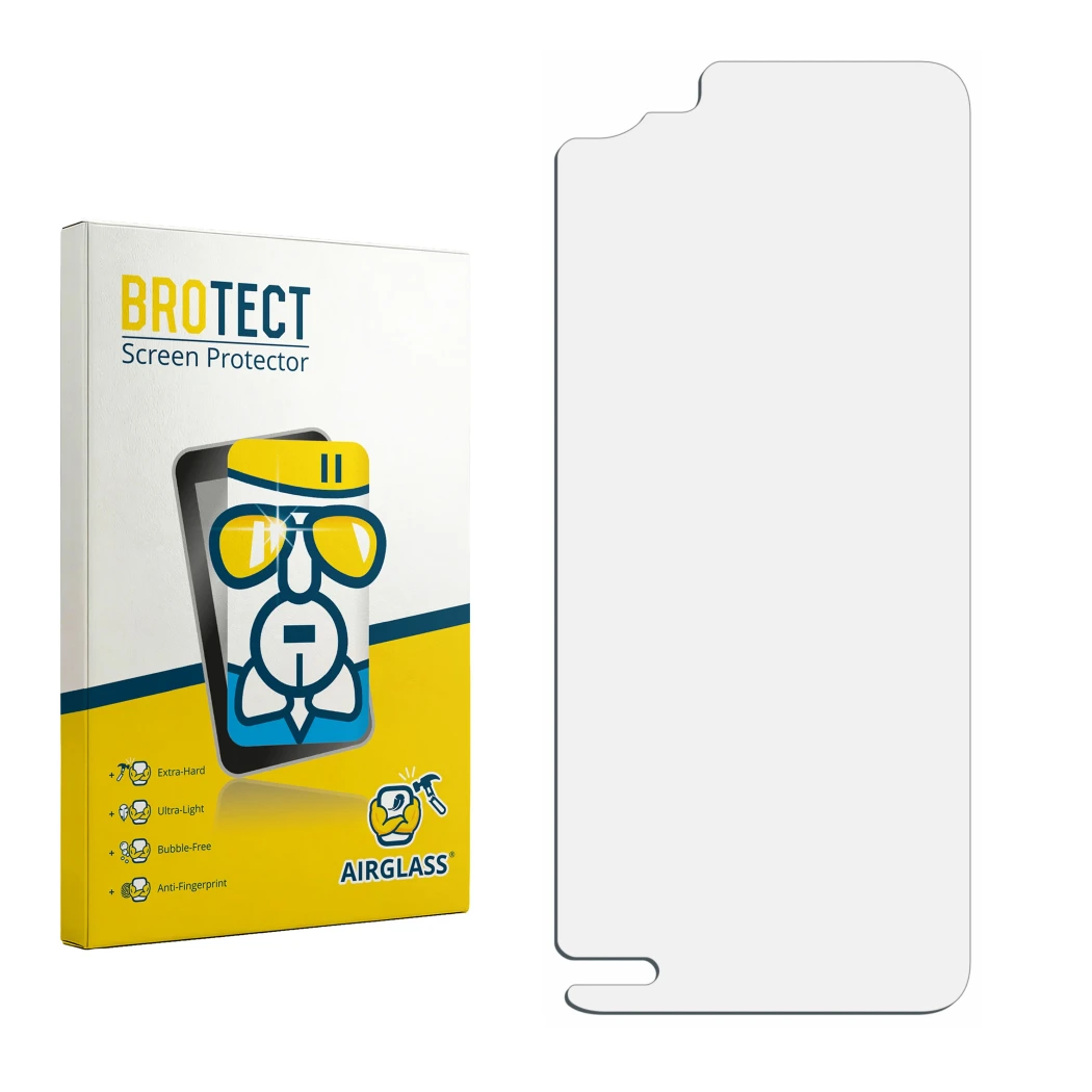 Parte frontal de un envase de producto con el logotipo de la marca BROTECT. Al lado está el protector de pantalla correspondie