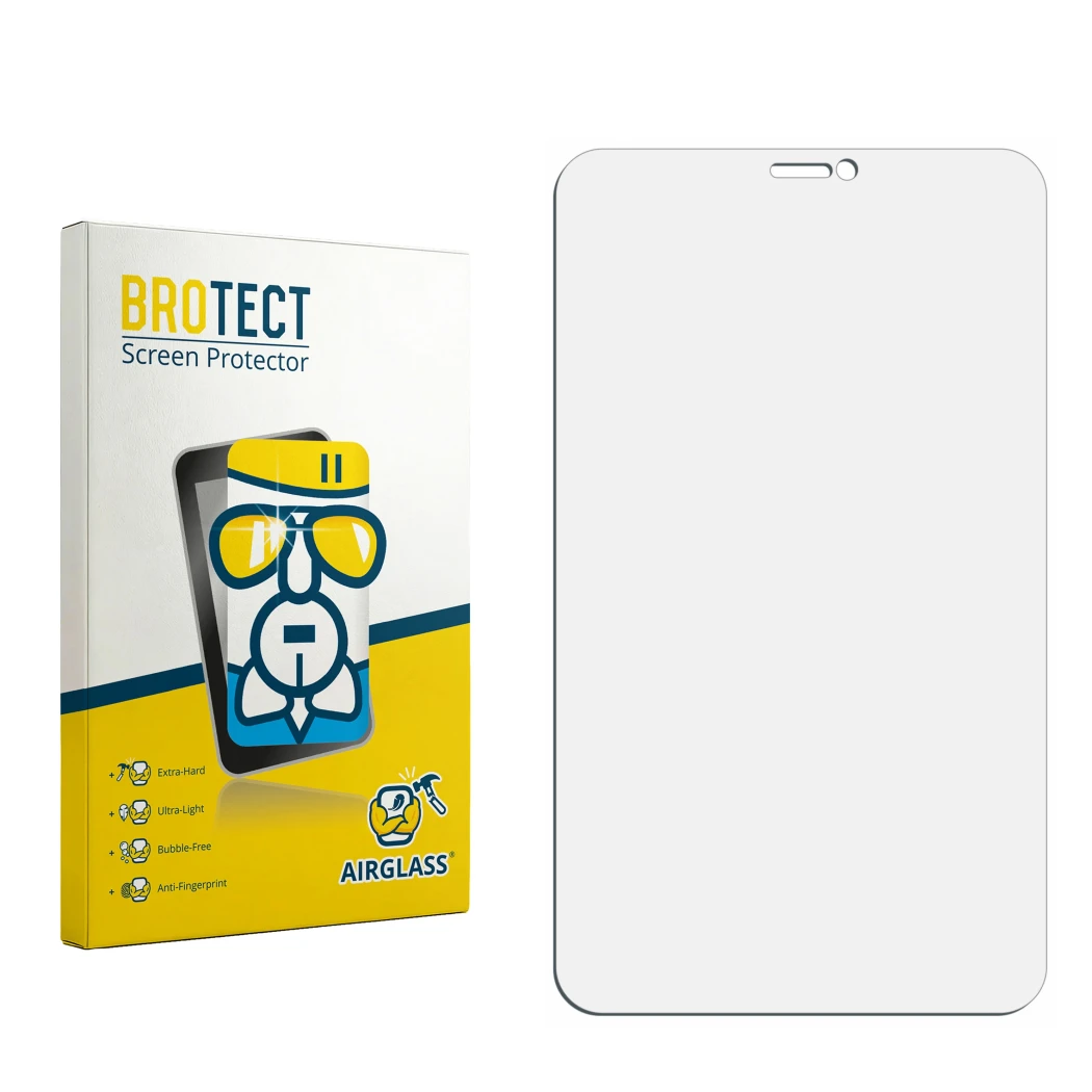 Parte frontal de un envase de producto con el logotipo de la marca BROTECT. Al lado está el protector de pantalla correspondie