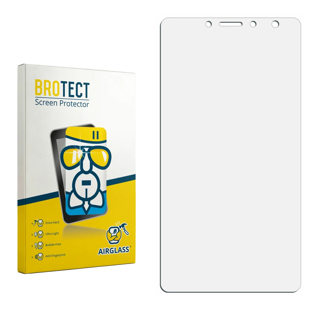Parte frontal de un envase de producto con el logotipo de la marca BROTECT. Al lado está el protector de pantalla correspondie