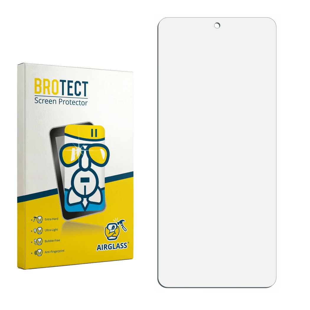 Parte frontal de un envase de producto con el logotipo de la marca BROTECT. Al lado está el protector de pantalla correspondie