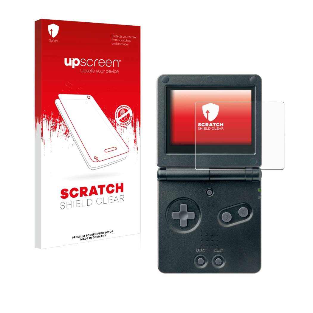 Parte frontal de un envase de producto con el logotipo de la marca upscreen. Al lado se muestra el dispositivo Nintendo Gamebo