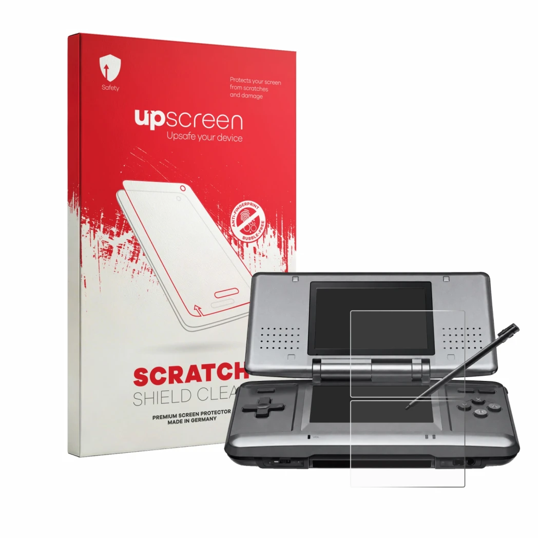 Parte frontal de un envase de producto con el logotipo de la marca upscreen. Al lado se muestra el dispositivo Nintendo DS con