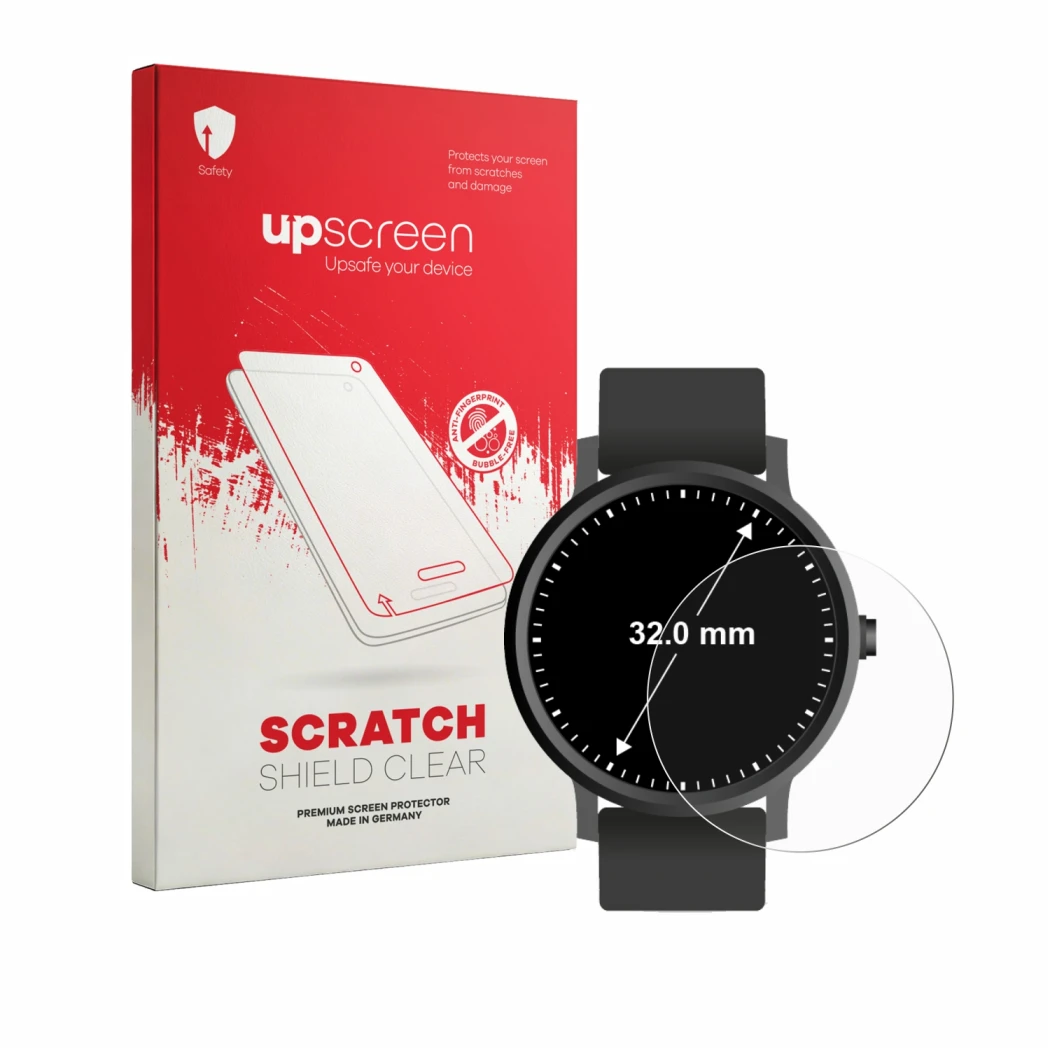 Parte frontal de un envase de producto con el logotipo de la marca upscreen. Al lado se muestra el dispositivo Relojes (Circul