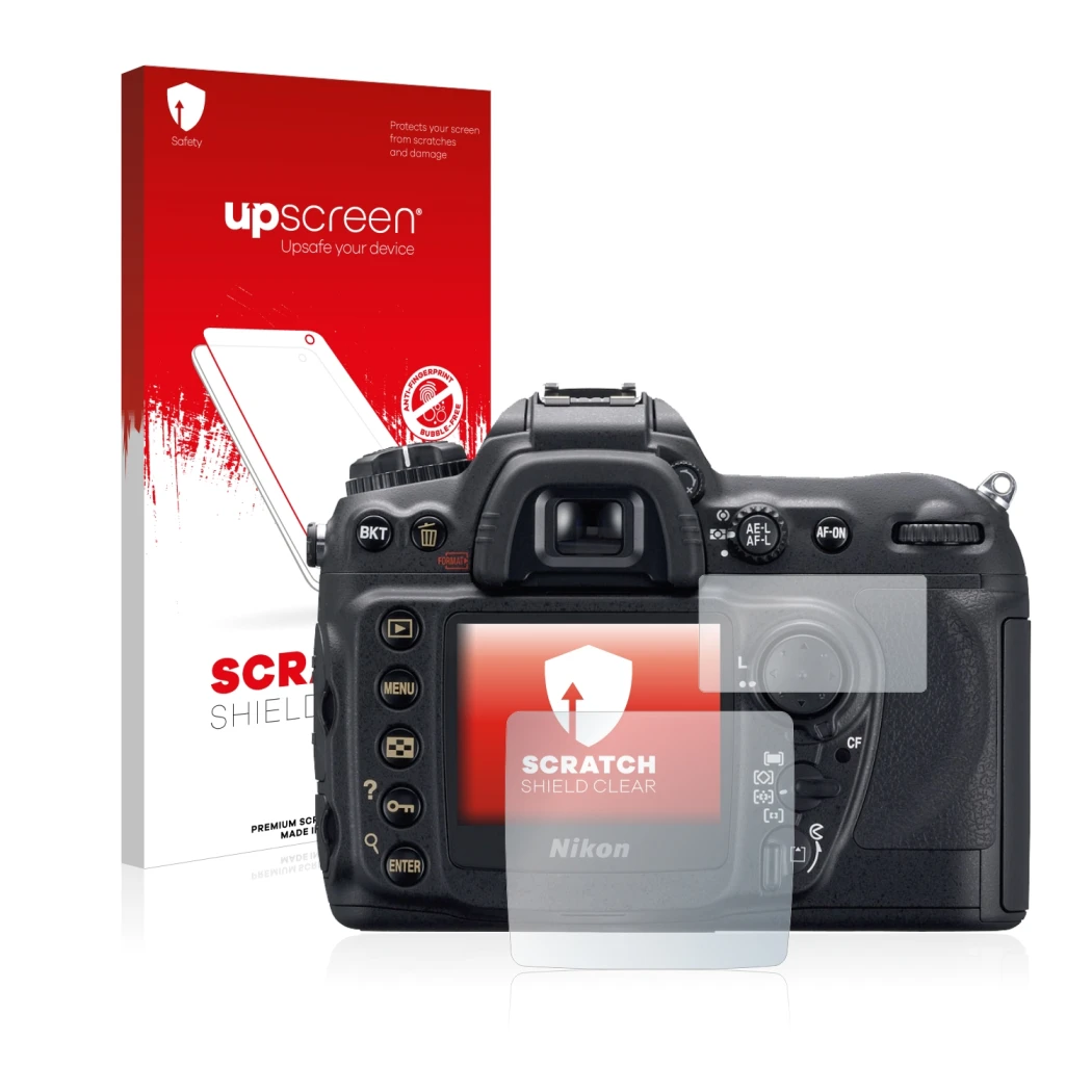 Parte frontal de un envase de producto con el logotipo de la marca upscreen. Al lado se muestra el dispositivo Nikon D200 con