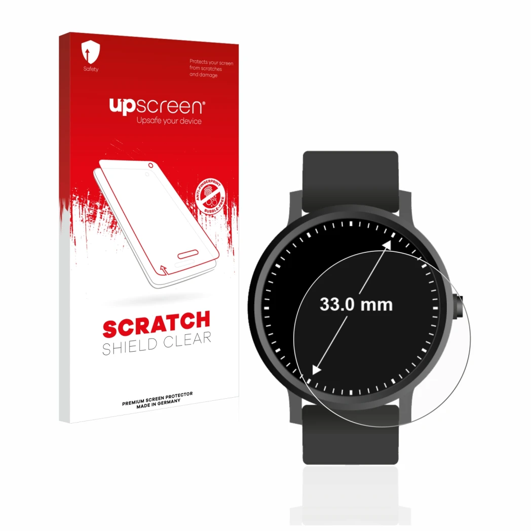 Parte frontal de un envase de producto con el logotipo de la marca upscreen. Al lado se muestra el dispositivo Relojes (Circul
