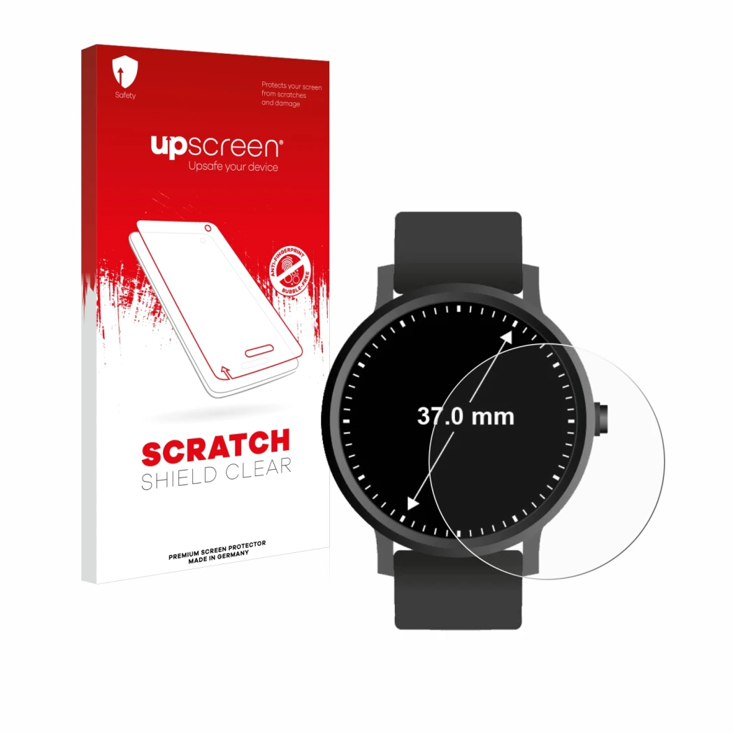 Parte frontal de un envase de producto con el logotipo de la marca upscreen. Al lado se muestra el dispositivo Relojes (Circul