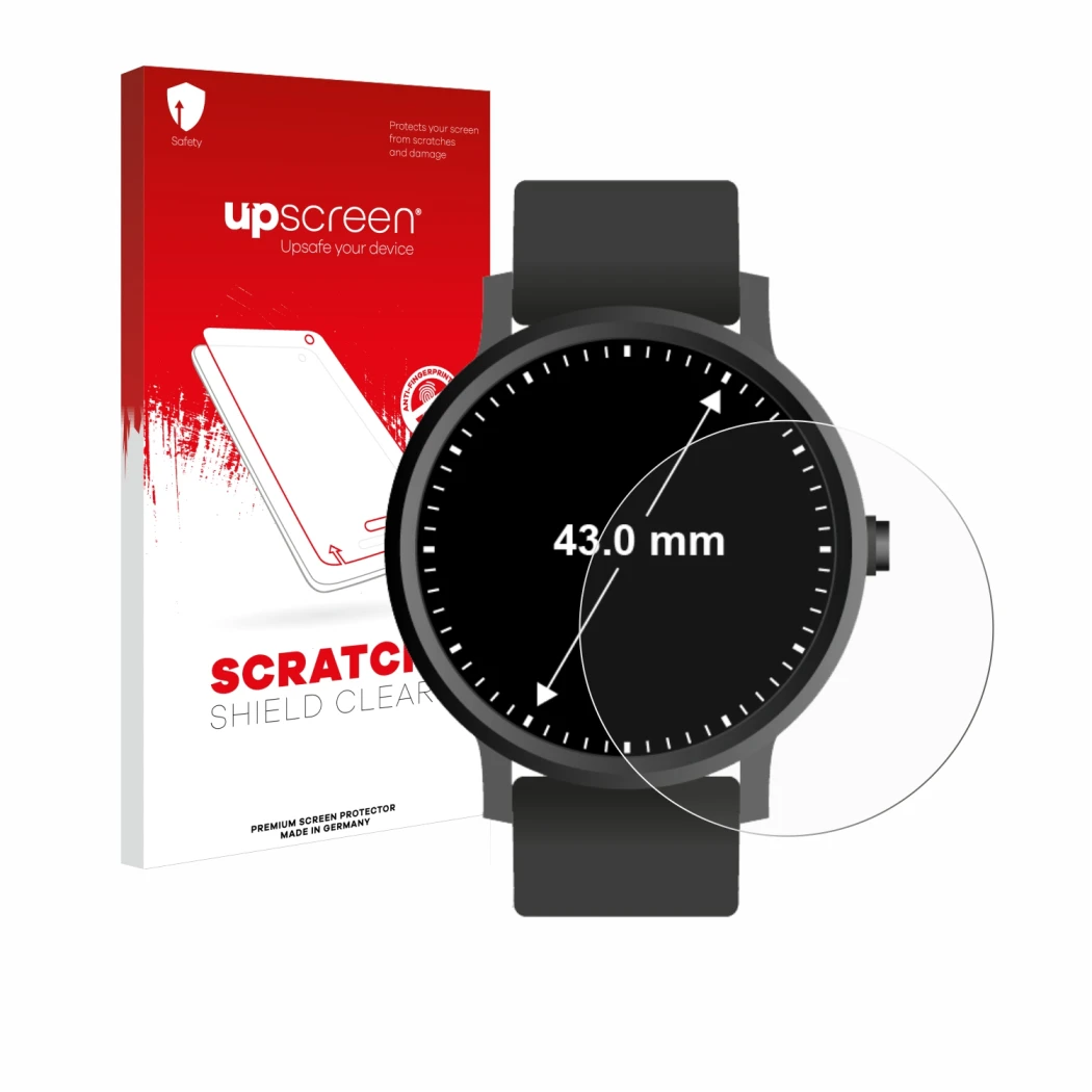 Parte frontal de un envase de producto con el logotipo de la marca upscreen. Al lado se muestra el dispositivo Relojes (Circul