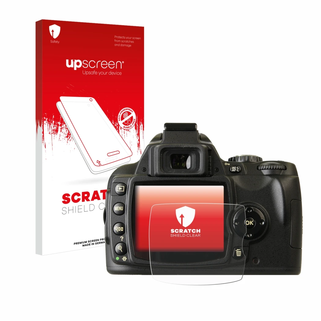 Parte frontal de un envase de producto con el logotipo de la marca upscreen. Al lado se muestra el dispositivo Nikon D40x con 